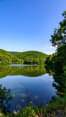 Serene lake reflecting a clear sky