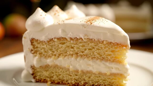 Close up Chilean tres leches cake slice topped cream cinematic UHD handheld Latin American dessert lifestyle stock video. macro south american milk cake portion whipped topping