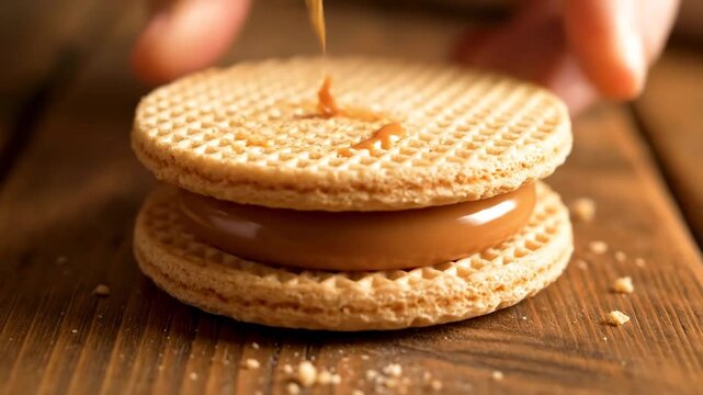 Close up Colombian obleas wafers layered arequipe cinematic UHD handheld South American dessert lifestyle stock video. detail colombian round crispbread dulce de leche stack filmic