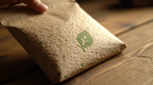 Close up eco packaging plant based wrap table cinematic UHD handheld sustainable food lifestyle stock video. macro organic container botanical casing surface filmic ultra high