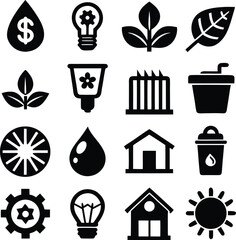 Eco friendly icons collection representing sustainability nature energy green business agriculture and environment concepts