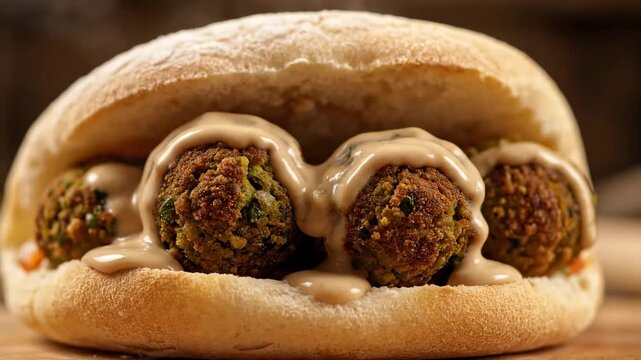 Close up falafel stuffed pita sandwich tahini drizzle cinematic UHD handheld Middle Eastern cuisine stock video. detail chickpea patty filled flatbread sesame sauce pour filmic ultra