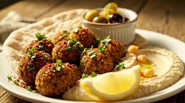 Close up falafel plate hummus pita bread cinematic UHD handheld Middle Eastern cuisine lifestyle stock video. detail chickpea patty platter dip flatbread filmic ultra high
