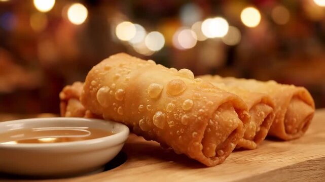 Close up Filipino lumpia spring rolls served dipping sauce cinematic UHD handheld Asian street food lifestyle stock video. crispy filipino eggroll appetizer condiment handheld