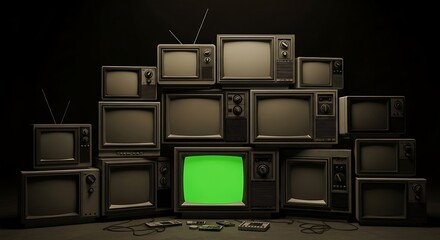 Stack of Vintage Televisions with Green Screen