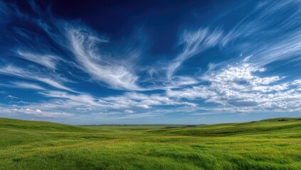 Fototapeta premium Wide vista of a grassy plain under a dramatic sky