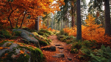 Fototapeta premium A serene autumn forest with orange foliage, capturing the beauty of fall in nature. High quality