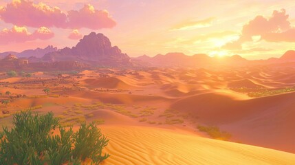 Obraz premium Sunset over a vast, sandy desert landscape with rolling dunes, sparse vegetation, and distant mountains.