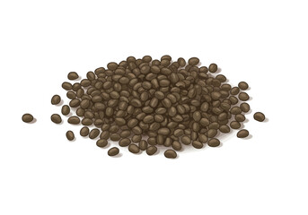 A pile of dark brown coffee beans on a white surface casting a shadow