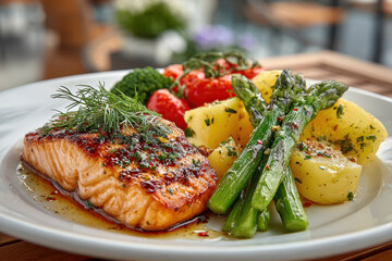 A seared salmon fillet with golden crust sits beside boiled potatoes and crisp asparagus, garnished with dill and herbs on a white plate.
