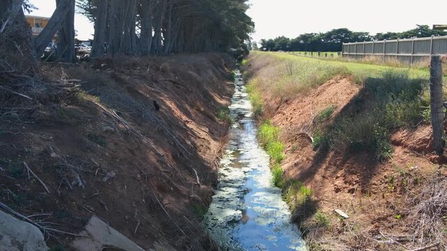 Water channel or drainage ditch running through farmland with shelterbelt trees. at Werribee South, Victoria, Australia. Concept of irrigation, rural landscape, agriculture, environmental management