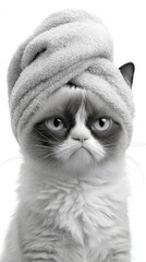 Grumpy Cat after Spa Day: The iconic cat sports a fluffy, rolled towel on its head, a picture of feline dissatisfaction after a pampering session. A whimsical and relatable moment of pet humor.