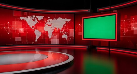 Modern Red News Studio Set with Green Screen and World Map