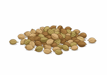 A pile of tan green  brown coriander seeds with ridged surfaces and a light shadow beneath