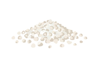 A pile of white and tan spherical objects creates a conical shape against a plain white background