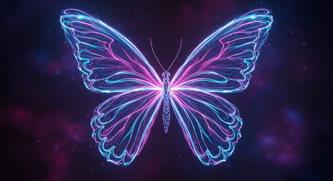 Digital glowing butterfly wings made of holographic neon light trails