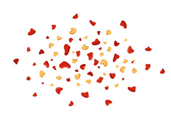 A scattering of red and yellow petallike shapes randomly arranged on a white background