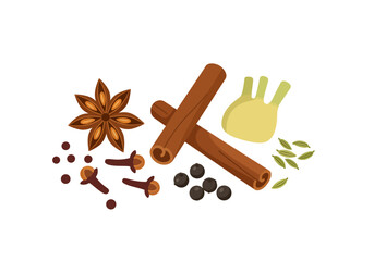 A spice arrangement features cinnamon star anise cloves fennel pepper and cardamom