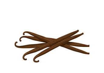 A stack of vanilla beans brown and slightly curved arranged on a white surface