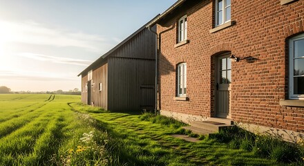 Obraz premium Charming red brick farmhouse and traditional barn basking in the golden hour sunlight of the peaceful European countryside