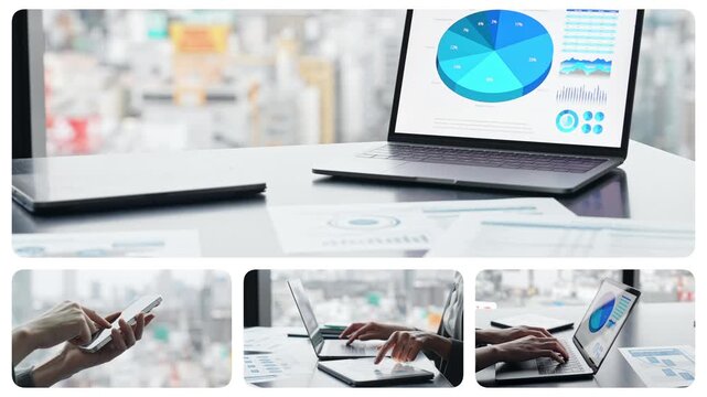 Collage video of various digital device usage scenes, transition from a white background