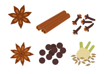 Assorted spices star anise cinnamon cloves peppercorns fennel bulb and seeds displayed on a white background