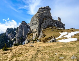 Fototapeta premium Rocky mountain peak with patches of snow