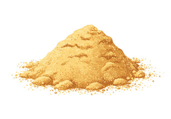 Depicts a pile of tan granulated substance resembling sand or brown sugar against a white background