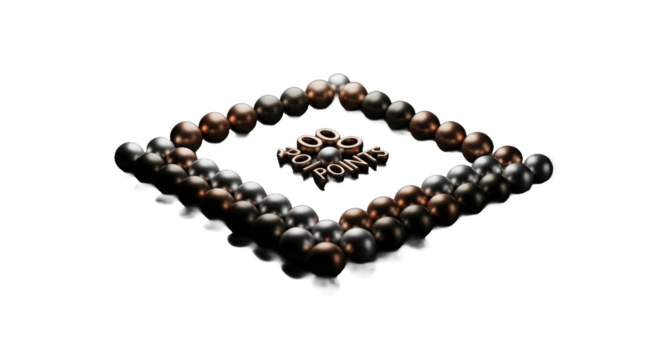 Metallic spheres forming a square frame around 3D rendered text showing points - Powered by Adobe