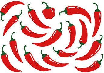 Red chili peppers scattered on a white background create a bright pattern
