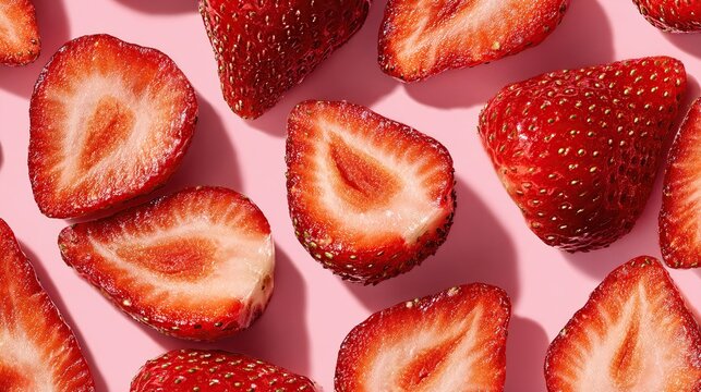 Fresh strawberry halves arranged artfully on a pink background - Powered by Adobe
