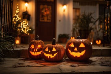 Smiling Carved Jack-o-Lantern Pumpkin Pumpkins Halloween Trick or Treating House Candle Orange Holiday Decoration Background Wallpaper