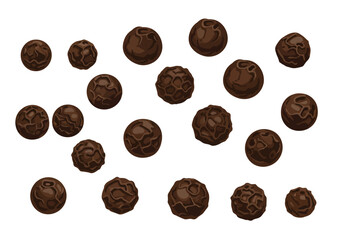 Several scattered round dark brown peppercorns on a white background