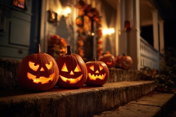 Smiling Carved Jack-o-Lantern Pumpkin Pumpkins Halloween Trick or Treating House Candle Orange Holiday Decoration Background Wallpaper