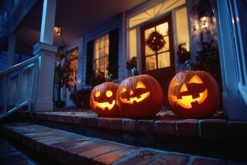 Smiling Carved Jack-o-Lantern Pumpkin Pumpkins Halloween Trick or Treating House Candle Orange Holiday Decoration Background Wallpaper