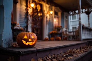 Smiling Carved Jack-o-Lantern Pumpkin Pumpkins Halloween Trick or Treating House Candle Orange Holiday Decoration Background Wallpaper