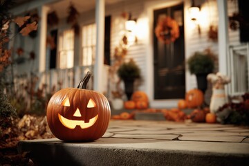 Smiling Carved Jack-o-Lantern Pumpkin Pumpkins Halloween Trick or Treating House Candle Orange Holiday Decoration Background Wallpaper