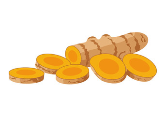 Turmeric root with several sliced pieces showing vibrant orange inside against a white background