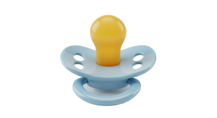 Close up of a blue pacifier with a yellow nipple on a black background