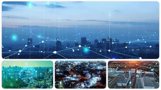 A collage of drone aerial footage of various urban and technological images, transitioning from a white background