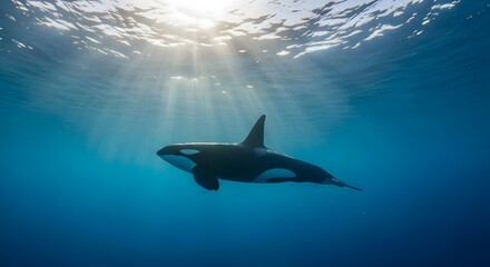 Obraz premium Majestic Orca Killer Whale Swimming Gracefully Underwater Sunlight Beaming Through Ocean Surface
