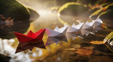 Red paper boat leads white paper boats on calm water surface surrounded by mossy rocks and fallen leaves in autumn sunlight, symbolizing leadership and uniqueness.
