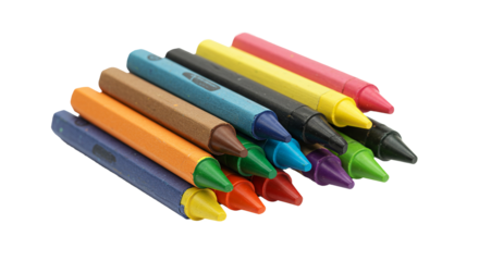 Colorful collection of wax crayons arranged in a fan shape on a black background