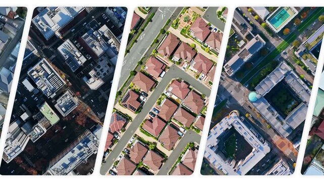 A collage of overhead drone footage of various cityscapes, transitioning from a white background