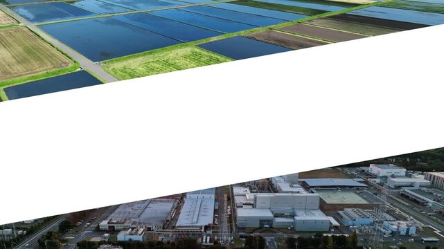 A collage of drone aerial footage of farmland and factory landscapes, transitioning from a white background