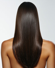 Fototapeta premium Back view of a woman with long, sleek brown hair, smooth texture and glossy shine cascading to mid back, highlighting healthy, well cared for tresses.