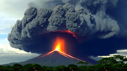 Erupting Volcano Over Green Landscape
