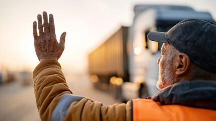 Fototapeta premium Dynamic cargo terminal operations with truck driver at sunrise for logistics and transportation