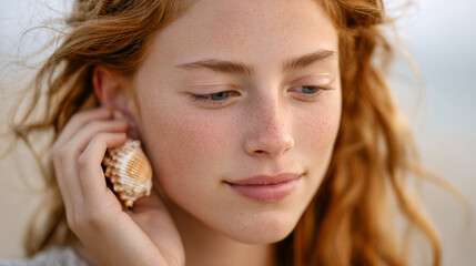 Tranquil moment with a young woman listening to the ocean in a seashell