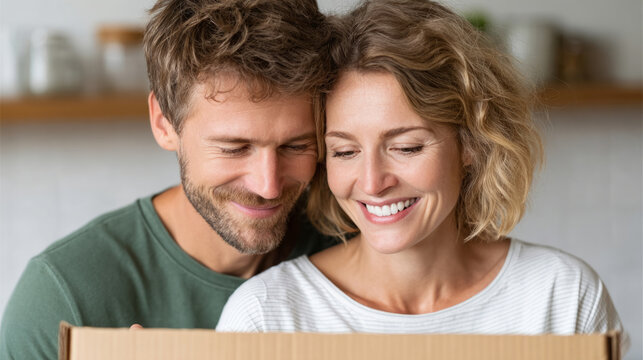 Happy couple unpacking moving boxes together in new home